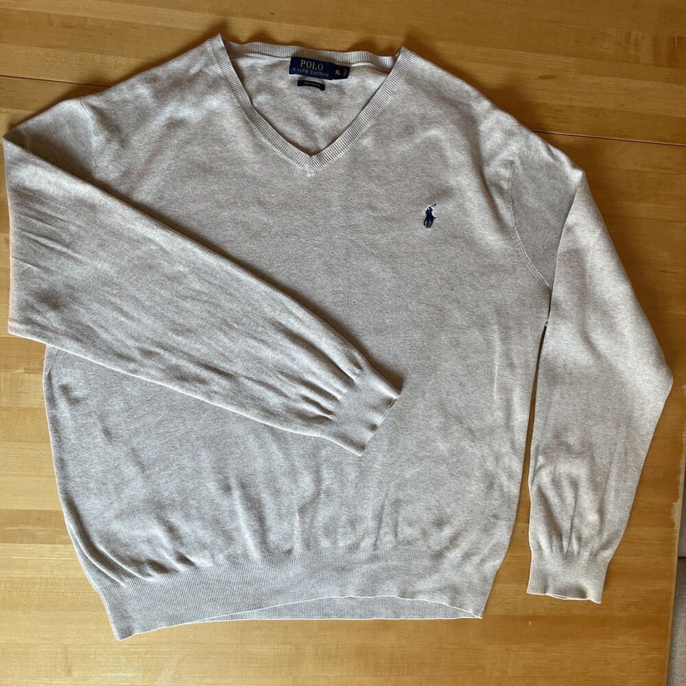 Polo Ralph Lauren Men's V-Neck Sweater 100% Pima Cotton Long Sleeve Oatmeal‎ XL